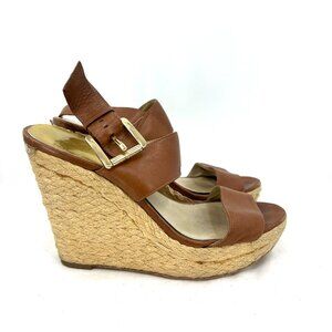 Michael Kors Poesy Ankle Strap Leather Beige Wedge Sandals Women's 6.5